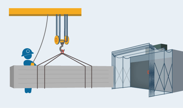 クレーンでジャバラブースに搬入する図